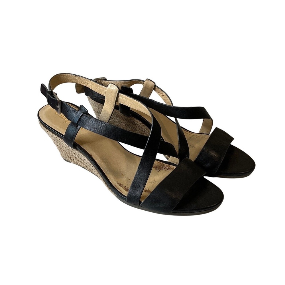 Cole Haan Grand 360 Espadrille Wedge Black Leather Sandals Strappy Summer Casual